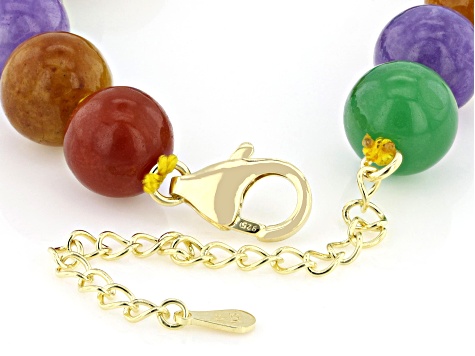 10mm Beaded Multi-Color Jadeite 18K Gold Over Sterling Silver Bracelet
