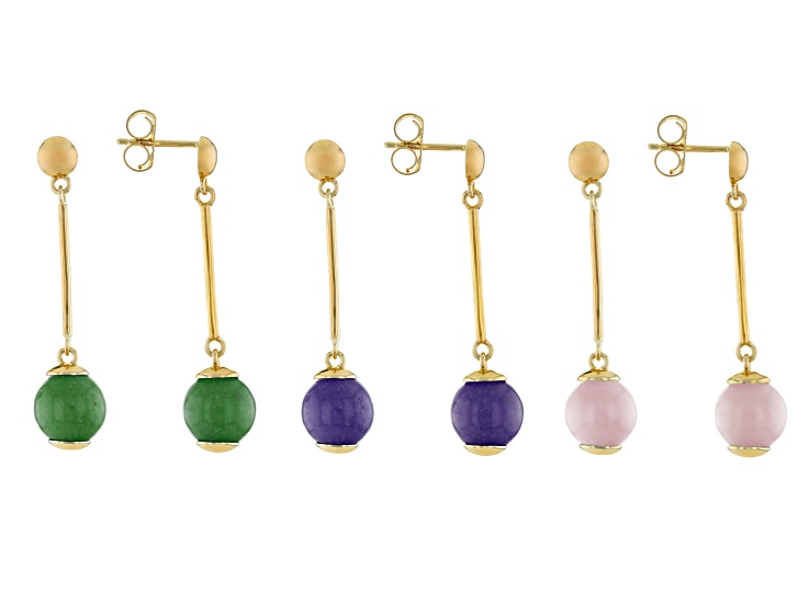 Multi-Color Jadeite 18K Yellow Gold Over Sterling Silver Set of 3 Earrings 10mm