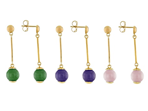Multi-Color Jadeite 18K Yellow Gold Over Sterling Silver Set of 3 Earrings 10mm