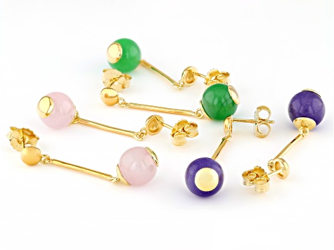Multi-Color Jadeite 18K Yellow Gold Over Sterling Silver Set of 3 Earrings 10mm