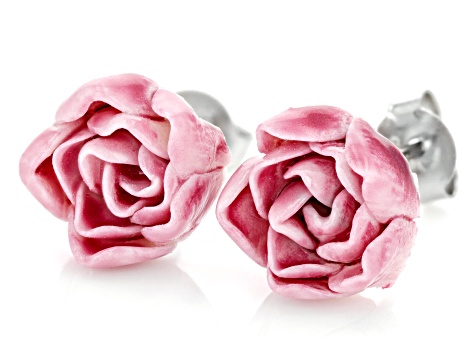 Pacific Style™ Hand Crafted Porcelain Peony Sterling Silver Earrings