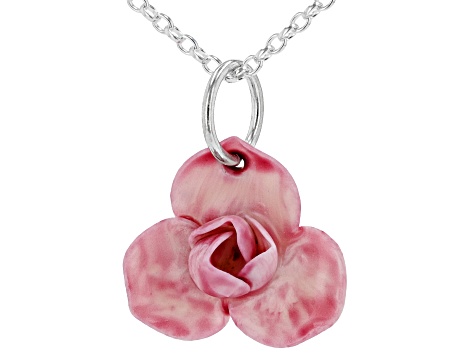 Hand Crafted Porcelain Peony Sterling Silver Pendant With Chain