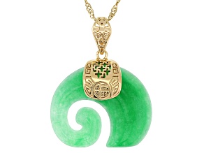 Carved Green Jadeite 18K Yellow Gold Over Sterling Silver Elephant Pendant With 18" Chain