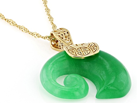 Carved Green Jadeite 18K Yellow Gold Over Sterling Silver Elephant Pendant With 18" Chain