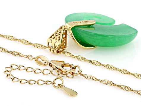Carved Green Jadeite 18K Yellow Gold Over Sterling Silver Elephant Pendant With 18" Chain