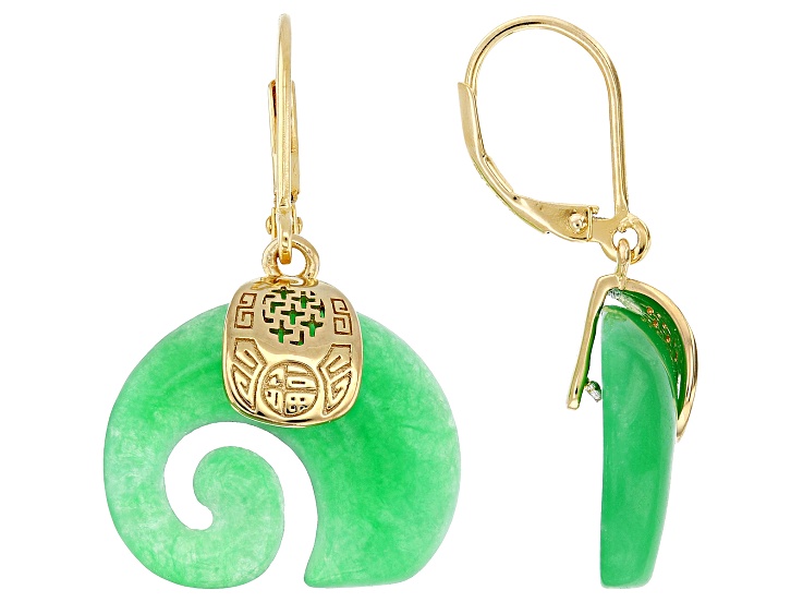 Carved Green Jadeite 18K Yellow Gold Over Sterling Silver Elephant Earrings