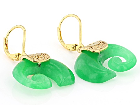 Carved Green Jadeite 18K Yellow Gold Over Sterling Silver Elephant Earrings
