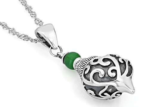 Green Jadeite Sterling Silver Conch Shell Pendant With18" Singapore Chain 5mm