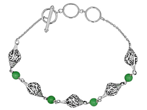 Green Jadeite Sterling Silver Conch Shell Station Bracelet 5mm