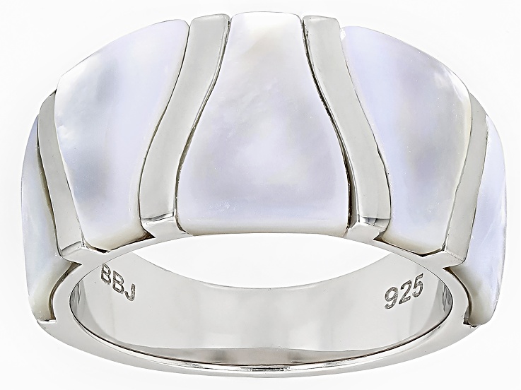 White Mother-of-Pearl Rhodium Over Sterling Silver Band Ring