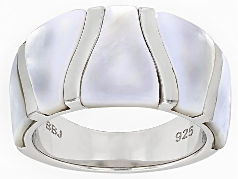 White Mother-of-Pearl Rhodium Over Sterling Silver Band Ring