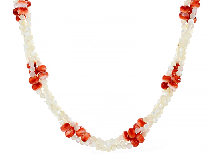 3mm White Mother-of-Pearl With Spiny Oyster Shell 18K Gold Over Silver Beaded Necklace
