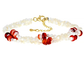 3mm White Mother-of-Pearl With Spiny Oyster Shell 18K Gold Over Silver Beaded Bracelet