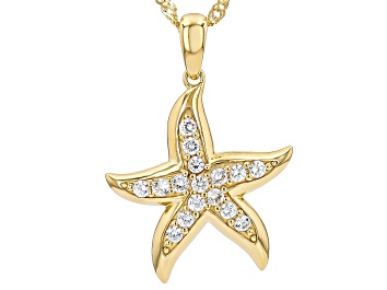 Picture of White Zircon 18K Gold Over Sterling Silver Starfish Pendant With 18" Singapore Chain 0.88ctw