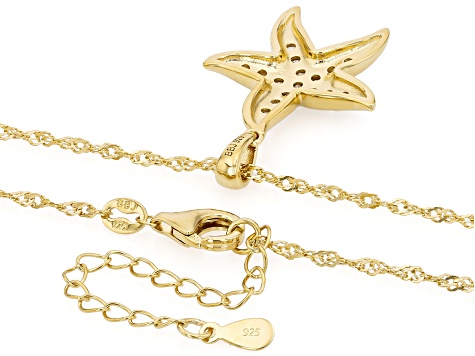 White Zircon 18K Gold Over Sterling Silver Starfish Pendant With 18" Singapore Chain 0.88ctw