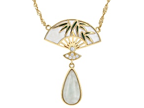 Green Jadeite with 0.08ctw White Zircon & Enamel 18K Gold Over Sterling Silver Fan Necklace