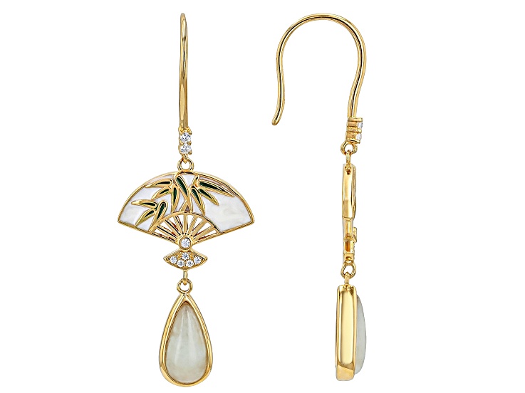 Green Jadeite with White Zircon & Enamel 18K Gold Over Sterling Silver Fan Earrings 12x6mm