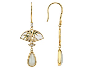 Green Jadeite with White Zircon & Enamel 18K Gold Over Sterling Silver Fan Earrings 12x6mm