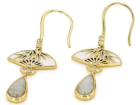 Green Jadeite with White Zircon & Enamel 18K Gold Over Sterling Silver Fan Earrings 12x6mm