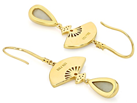 Green Jadeite with White Zircon & Enamel 18K Gold Over Sterling Silver Fan Earrings 12x6mm