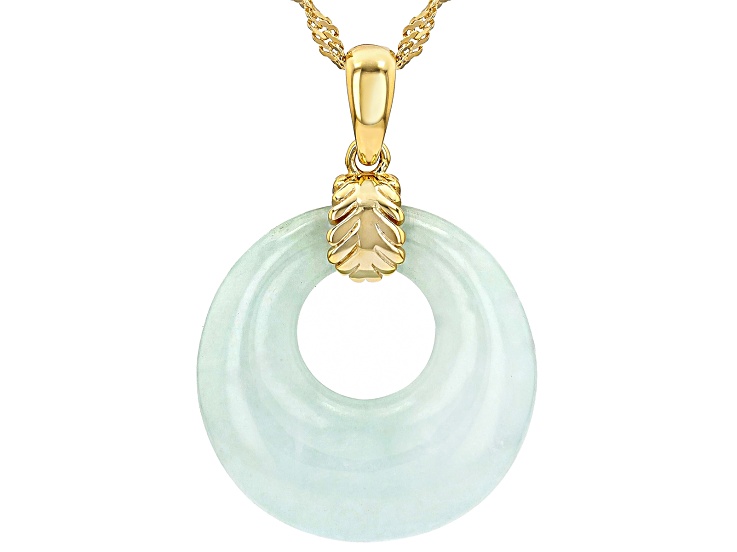 Green Jadeite 18K Yellow Gold Over Sterling Silver Circle Pendant With 18" Singapore Chain 22mm