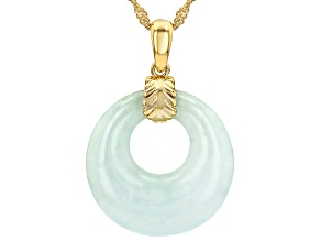 Green Jadeite 18K Yellow Gold Over Sterling Silver Circle Pendant With 18" Singapore Chain 22mm