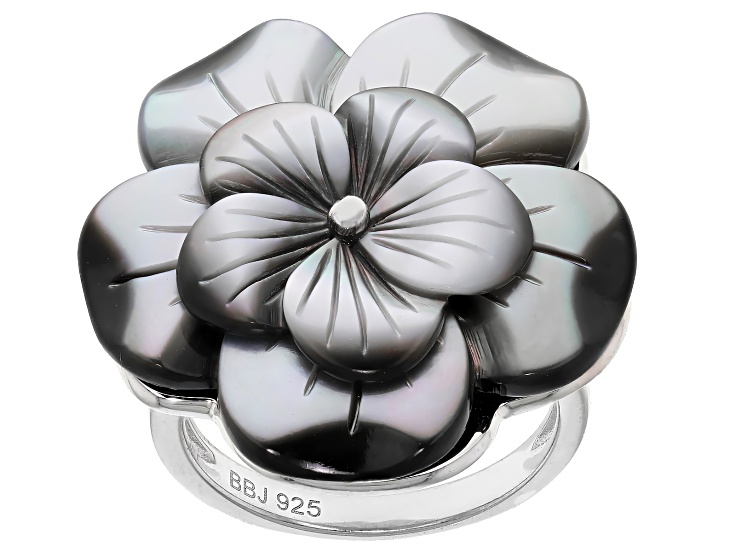 Gray Mother-Of-Pearl Rhodium Over Sterling Silver Flower Ring