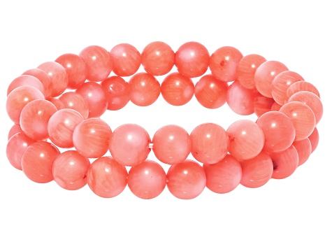 Round Pink Coral Beaded Stretch Bracelet Set of 2 8-9mm  display picture 1