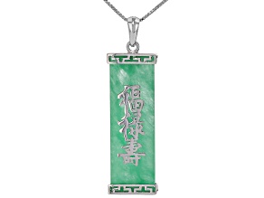 Green Jadeite Sterling Silver "Luck, Good Fortune, and Long Life" Pendant With 18" Chain, 28x10mm
