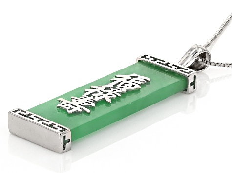 Green Jadeite Sterling Silver "Luck, Good Fortune, and Long Life" Pendant With 18" Chain, 28x10mm