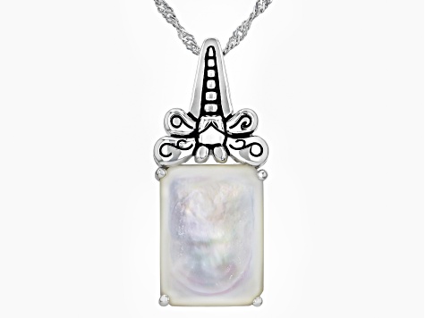 Rectangular Mother-of-Pearl  Sterling Silver Dragonfly Pendant With 18" Chain, 14x10mm
