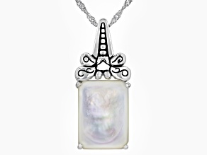 Rectangular Mother-of-Pearl  Sterling Silver Dragonfly Pendant With 18" Chain, 14x10mm