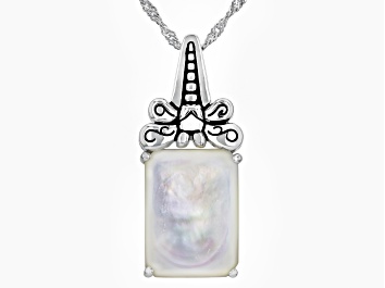 Picture of Rectangular Mother-of-Pearl  Sterling Silver Dragonfly Pendant With 18" Chain, 14x10mm