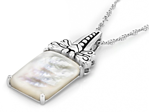 Rectangular Mother-of-Pearl  Sterling Silver Dragonfly Pendant With 18" Chain, 14x10mm