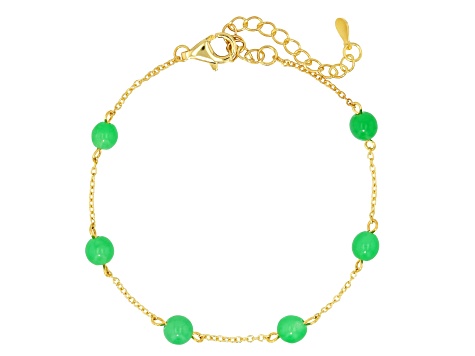 Beaded Green Jadeite 18K Gold Over Sterling Silver Station Bracelet, 6mm