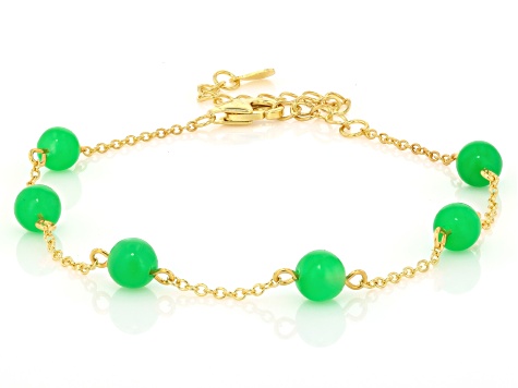 Beaded Green Jadeite 18K Gold Over Sterling Silver Station Bracelet, 6mm
