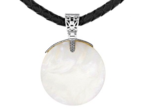 Round White Mother-of-Pearl Rhodium Over Silver Enhancer With 20" Leather Cord, 30mm