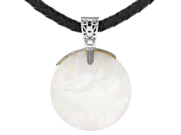Picture of Round White Mother-of-Pearl Rhodium Over Silver Enhancer With 20" Leather Cord, 30mm