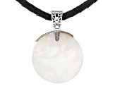Round White Mother-of-Pearl Rhodium Over Silver Enhancer With 20" Leather Cord, 30mm