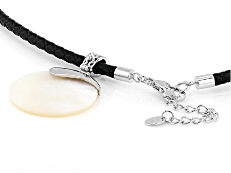 Round White Mother-of-Pearl Rhodium Over Silver Enhancer With 20" Leather Cord, 30mm
