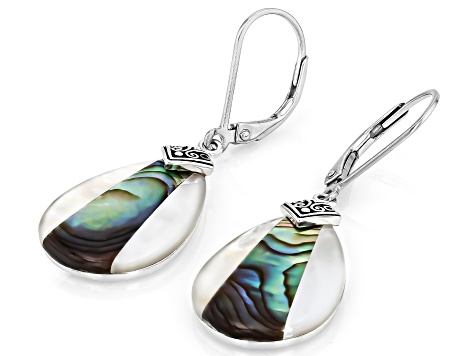 Abalone Shell & Mother-of-Pearl Sterling Silver Earrings, 18x8.5mm