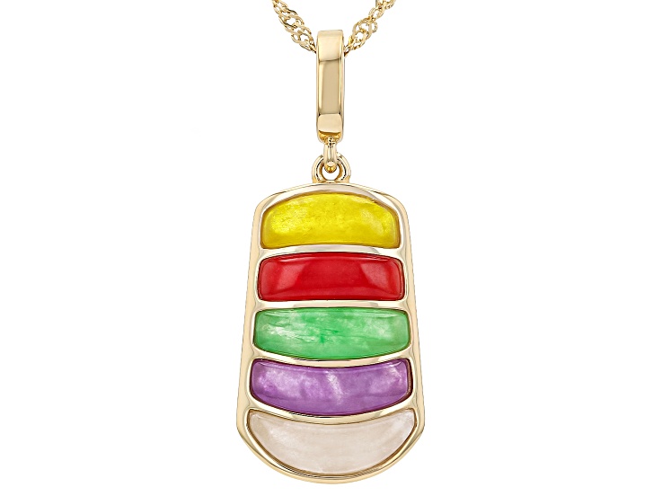 Multi-Color Jadeite 18K Gold Over Sterling Silver Enhancer Pendant With 18" Singapore