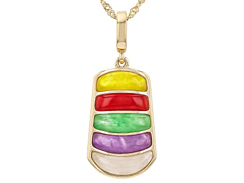 Multi-Color Jadeite 18K Gold Over Sterling Silver Enhancer Pendant With 18" Singapore