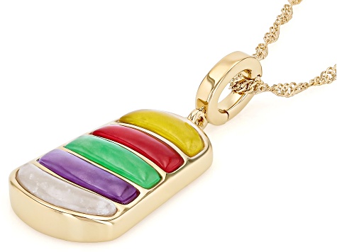 Multi-Color Jadeite 18K Gold Over Sterling Silver Enhancer Pendant With 18" Singapore