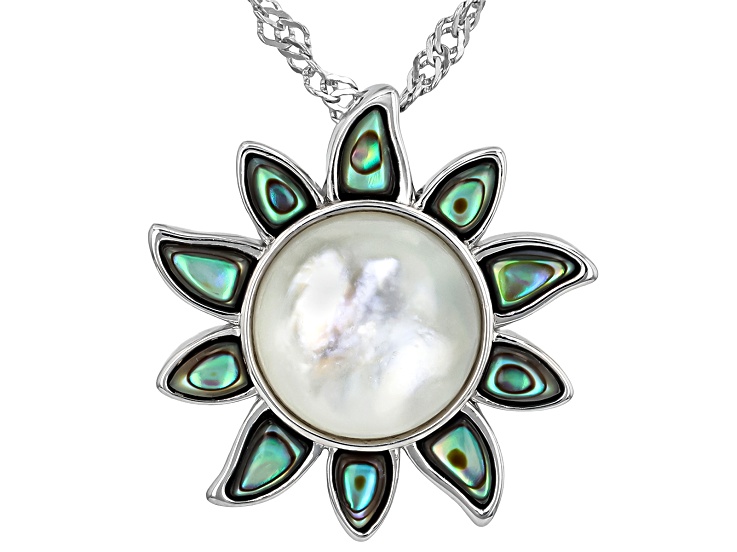 White Mother-of-Pearl & Abalone Shell Rhodium Over Sterling Silver Pendant with 18" Chain, 10mm