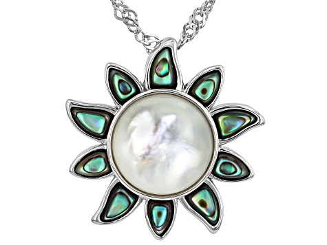 White Mother-of-Pearl & Abalone Shell Rhodium Over Sterling Silver Pendant with 18" Chain, 10mm