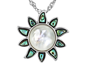 White Mother-of-Pearl & Abalone Shell Rhodium Over Sterling Silver Pendant with 18" Chain, 10mm