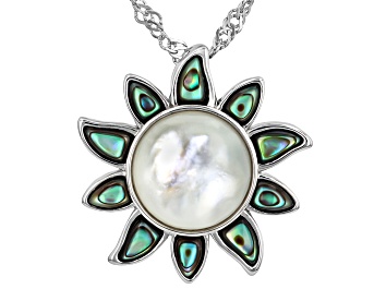 Picture of White Mother-of-Pearl & Abalone Shell Rhodium Over Sterling Silver Pendant with 18" Chain, 10mm