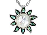 White Mother-of-Pearl & Abalone Shell Rhodium Over Sterling Silver Pendant with 18" Chain, 10mm