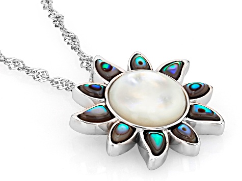 White Mother-of-Pearl & Abalone Shell Rhodium Over Sterling Silver Pendant with 18" Chain, 10mm
